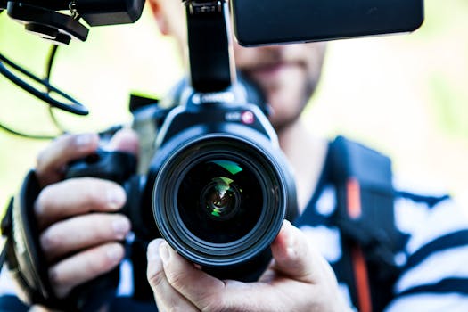 A close-up shot of a cameraman filming, focusing on the camera lens and equipment.