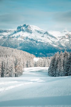 A serene winter landscape in Megève, showcasing snowy forests and majestic mountains.