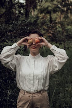 Artistic portrait of a woman posing with apples against a forest backdrop, offering a whimsical touch.